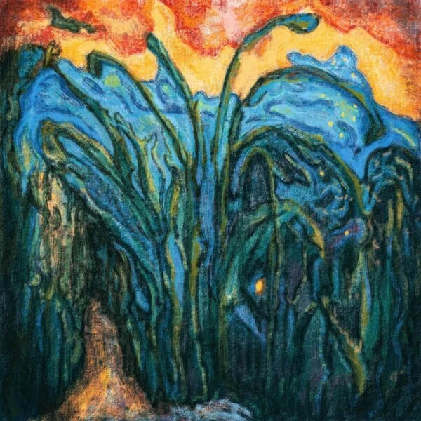 "If the path before you is clear, you're probably on someone else's." Joseph Campbell.
Het laat een dicht begroeid landschap zien met enkele openingen en lichtpunten. De stijl is organisch en modern. Kleurrijk, met groene beplanting blauw geel en rode lucht.